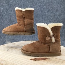 UGG Boots Youth 4 Bailey Button II Shearling Tan Brown Leather Round Toe Pull On