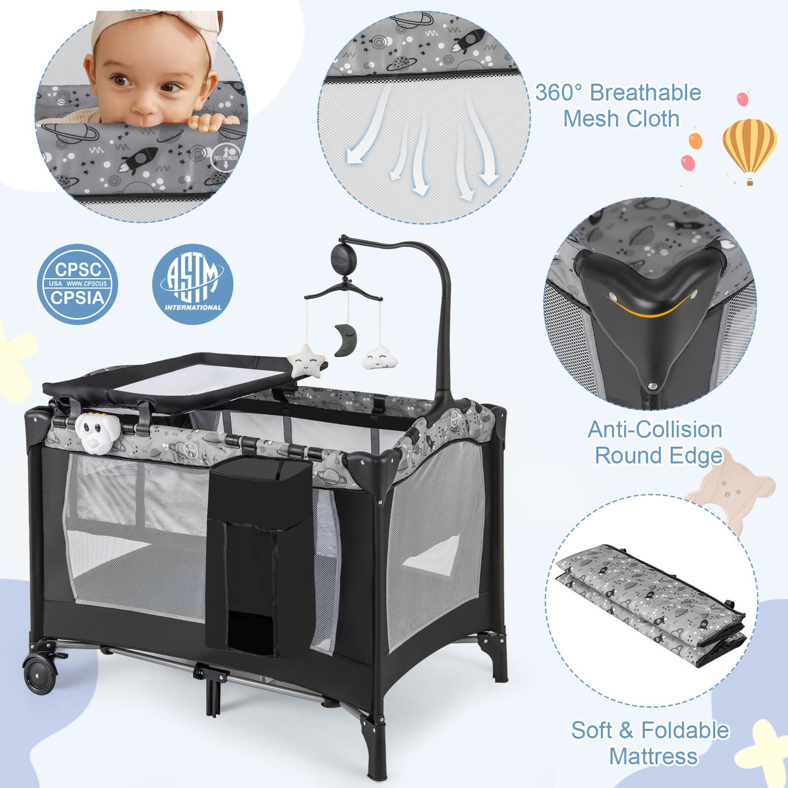 3-in-1 Baby Bassinet Portable Pack and Play w/ Removable Changing Table Mattress