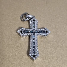 Silver Blingy Cross Pendant. Blue and Diamond Crystals. Costume. Christian. Gift