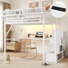 Metal Full Loft Bed with Desk,Charging Station,Stairs & LED Light for Kids Teens