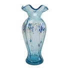 Vtg FENTON Glass Aqua Blue Hand Painted Flowers Floral Vase Ruffle Top 9.5"