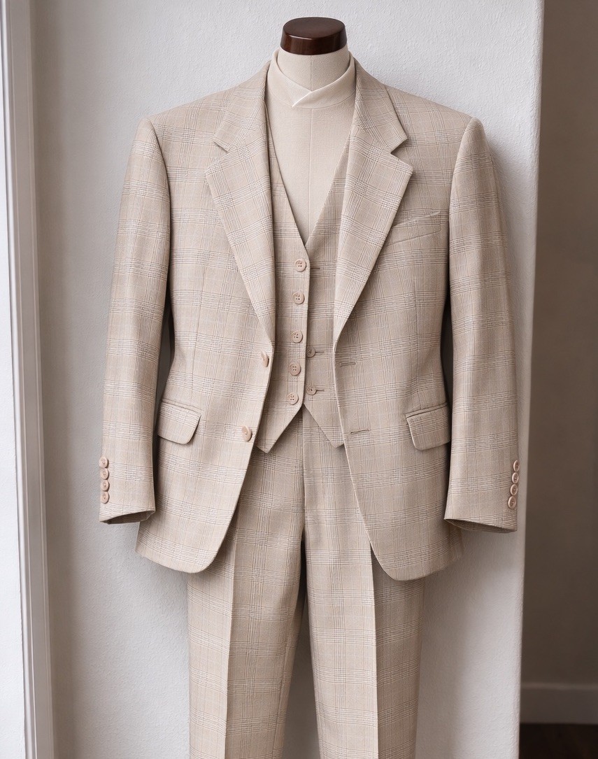 Yves Saint Laurent Three Piece Suit Jacket Blazer Beige Tan Wood Buttons France