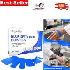 Image of Water-Resistant Blue Detectable Plasters - 100 Assorted Sizes for Food Safety