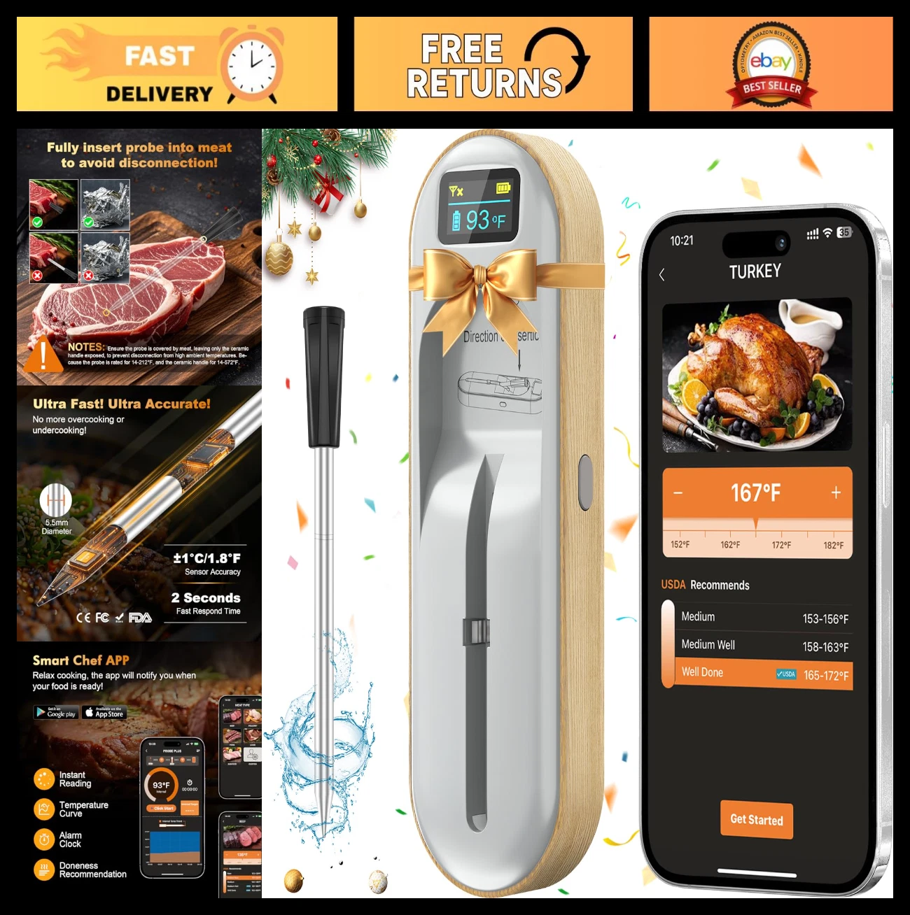 Wireless Meat Thermometer - Instant Read Bluetooth, High-Temp Resistant, BBQ Gri