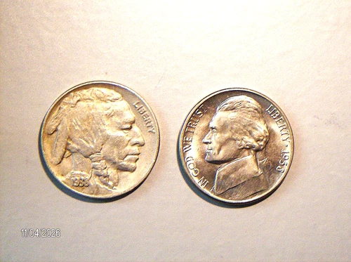 1938-D Indian Head Buffalo, XF & 1938 Gem BU Jefferson Nickels