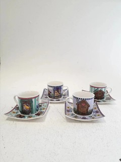 Fine Master Porcelain Birdhouse Cup & Saucer Set of 4