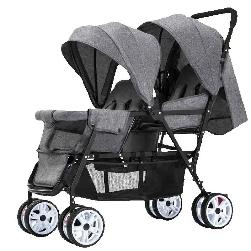 Poussette double pliable légère compacte sécurité bébé jumeaux en tissu gris