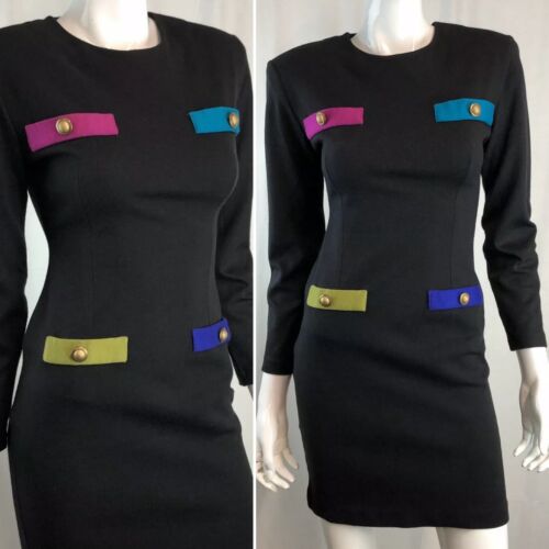 Size XS to Small 80s 90s Vintage Dawn Joy Fashions Black Multicolor Jeweled Long Sleeve Sheath Dress