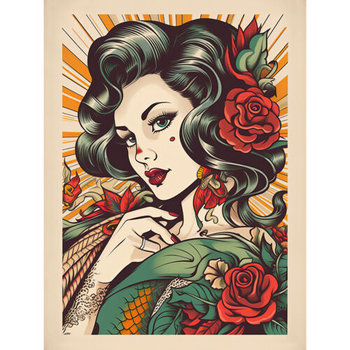 Tattoo Pin Up Girl Roses Rockabilly Americana 50s Art Canvas Picture Print 18X24 - Picture 1 of 5