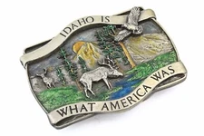 Vintage 1981 Bergamot Brass Works Embossed Deer Mountain Enamel Belt Buckle