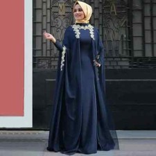 Muslim Islamic Dark Navy Hijab Evening Dresses High Neck Long Sleeves Lace Dress