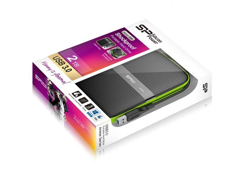 2TB Silicon Power Armor A60 Shockproof Portable Hard Drive - USB3.0 Black/Green - Image 3 of 4