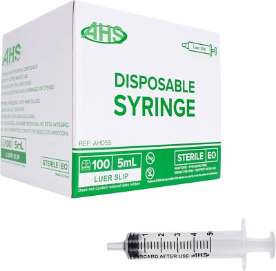 AHS 5ml (5cc) Luer Slip Syringe, Sterile, Individually Packed, 100/Box