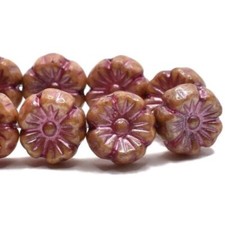 1364, 9mm Hibiscus Flower Ivory/Picasso Finish/Metallic Pink Wash, 5 Bead hb9-2