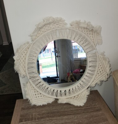 Handmade Macrame Wall Mirror Round Bohemian Beige Cotton Rope Woven Home Decor