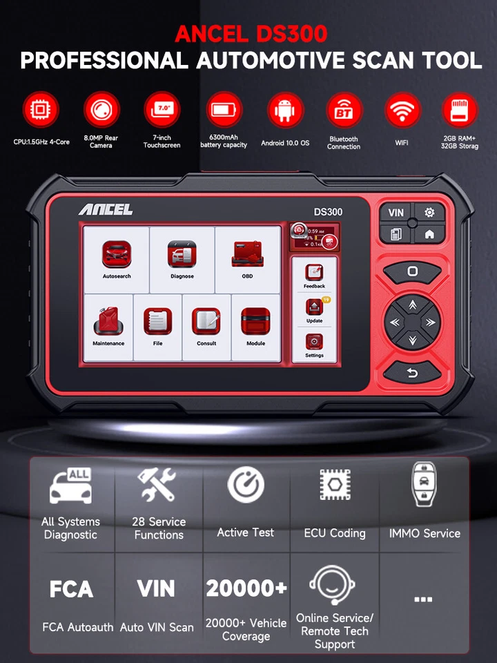 ANCEL DS300 全系统 OBD2 扫描仪 双向诊断工具 密钥编码 — 第 2/4 张图片