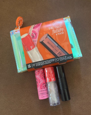 Sephora The Future is Yours Lips Lip Scrub, Lip Plumper, Satin Lipstick in Bag
