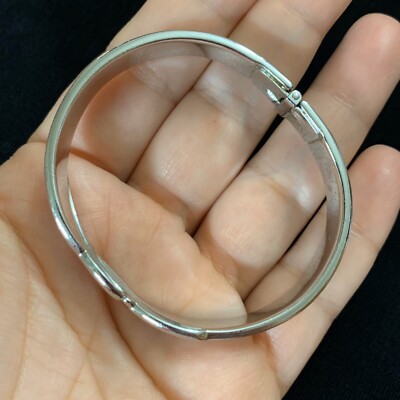 Vtg Designer Silver Tone Hinged MOD Bangle Bracelet Signed
