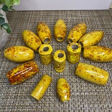 VTG 1970s Macrame Ceramic Beads 14 Barrel TotemYELLOW Brown Speckled Large Hole