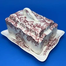 Vintage JAMES KENT GARLAD COVERED CHEESE DISH ENGLAND RED ROSES BOWS FENTON!!!!