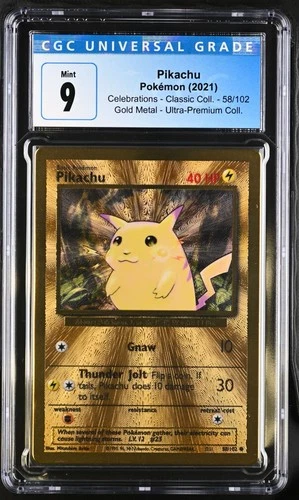 2021 Celebrations Classic Collection Gold Metal Pikachu UPC #58/102 CGC 9