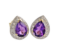 9ct amethyst diamond earrings Studs natural 1.80ct gemstones boxed