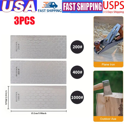3PCS Diamond Knife Sharpener Plate Honing Bench Stone 200/400/1000 Grit Kit Set