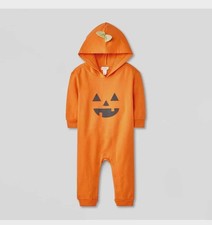 Nwt Baby Pumpkin Jack O Lantern Orange Hooded Romper Halloween