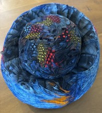 Vintage Lady s Pillbox Feather Hat Blue Multi Color 1950-60 s Union Made