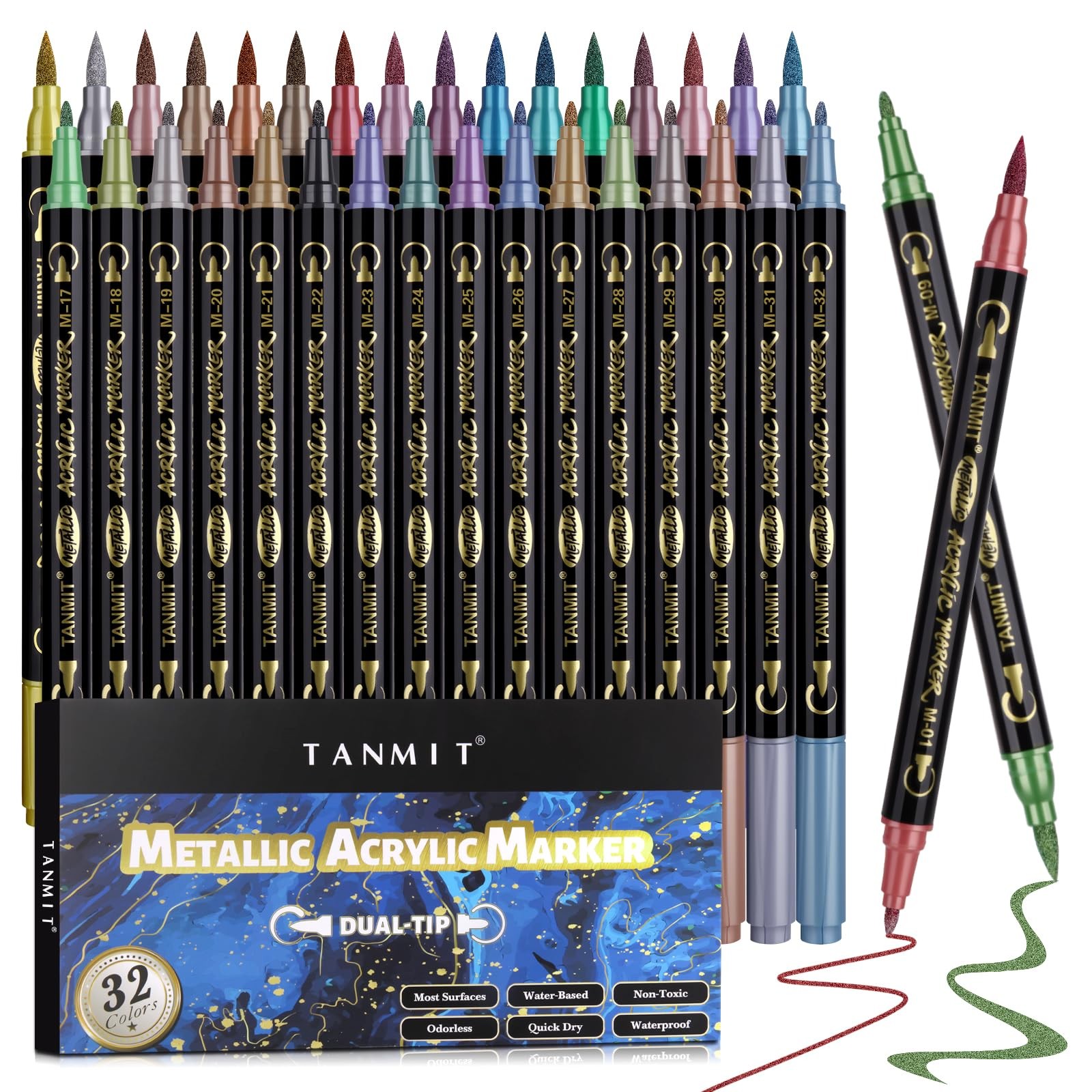 32 Colors Metallic Marker Pens Dual Tip Acrylic Paint Pens f
