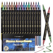 32 Colors Metallic Marker Pens Dual Tip Acrylic Paint Pens for Black Paper Craft