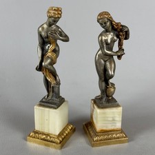 Coppia Sculture Veneri Ottone Argentato Dorato Base Marmo Onice Vintage Anni '60