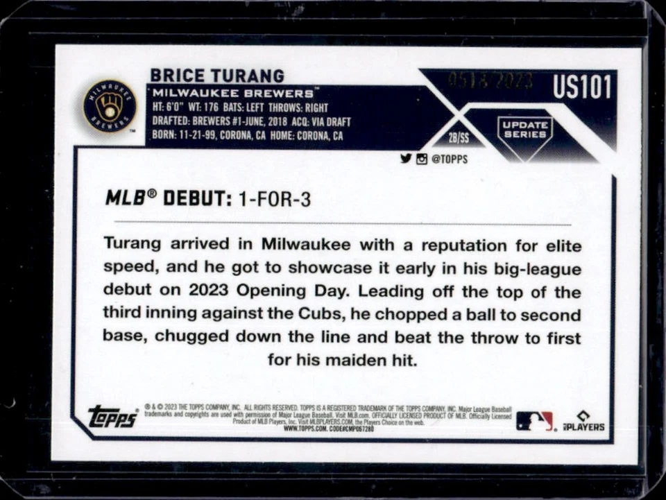 2023 Topps Update Brice Turang RC Gold Rookie #/2023 Brewers - Image 2 of 2