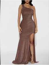 Brown Fashion Nova Stella One Shoulder Lurex Maxi Dress small NWOT