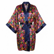 Vintage Victorias Secret Gold Label Floral Kimono Robe Navy Blue One Size 90s