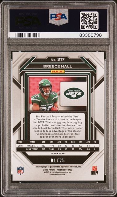 2022 Panini Prizm Breece Hall CAMO PRIZM AUTO /25 RC Jets #317 - PSA 9  view 2