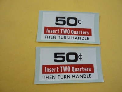 50 Cents Two Quarters Turn Handle Water Slide Decals Arcade Vending Gumball
