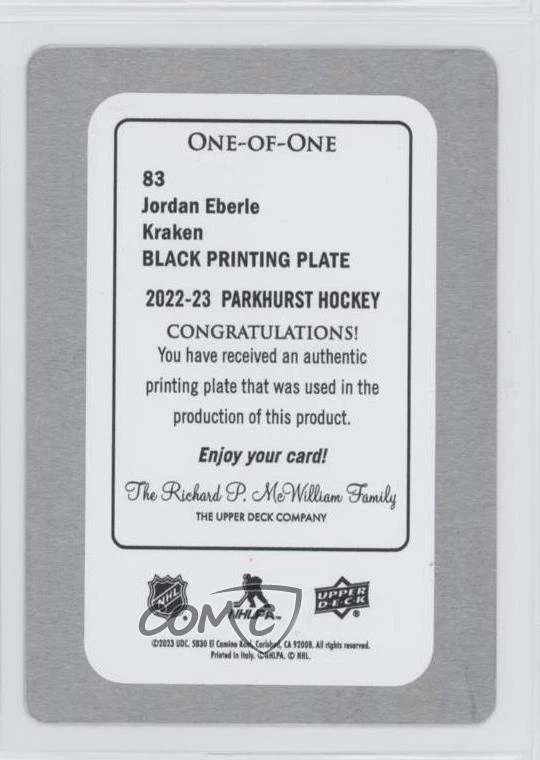 2022-23 Upper Deck Parkhurst Printing Plate Black 1/1 Jordan Eberle #83 0ze5 - Image 2 of 3
