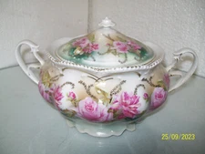 Roses and Gold Trimmed Double Handled Biscuit Jar