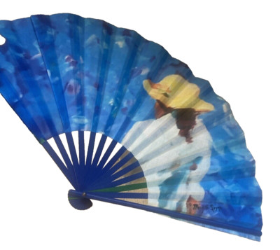 Philippines Large Hand Fan Fabric Woman with hat Blue Ming G Syyop in box 13''