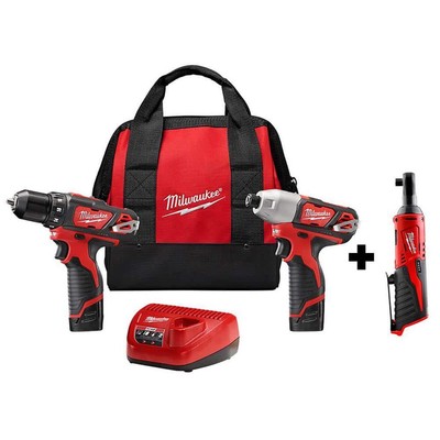 Milwaukee Power Tool Combo Kit 12V Cordless Ratchet+Drill/Impact Driver ToolOnly
