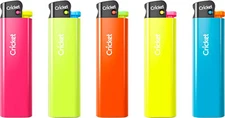 50 X CRICKET Disposable Lighter Fluo / Piezo Ignition / 5 Colors Each 10 X