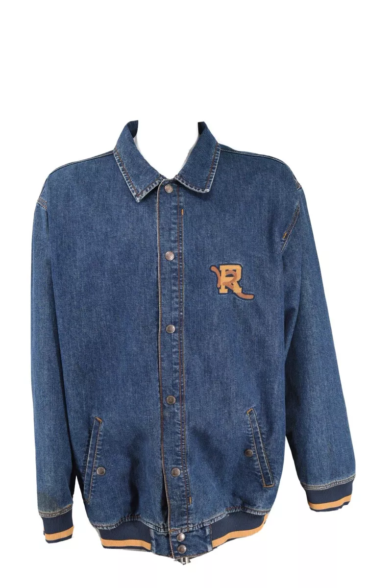 RocaWear Blue Denim Jean Varsity Jacket Appliqué Spell Out Mens XL