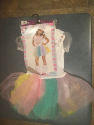 Girls Medium Unicorn Halloween Costume with Pastel Tutu Skirt & Plush Hood NWT