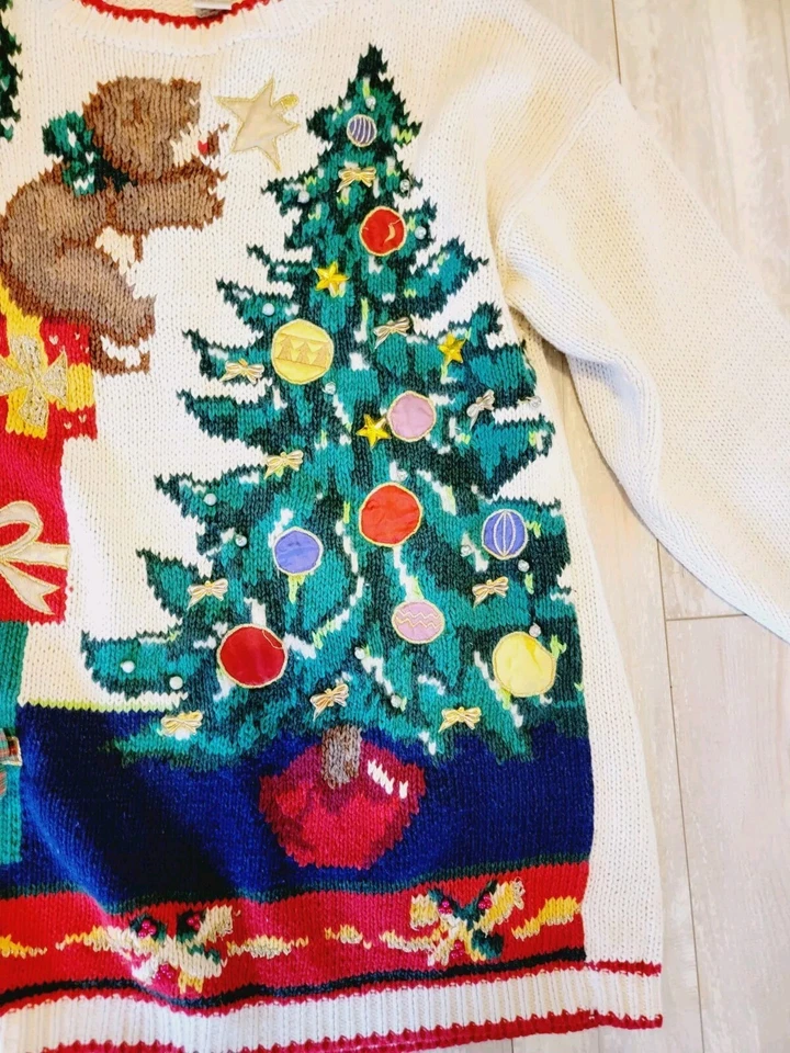 Suéter Casual Esquina L Osos Bordados Pesados Navidad Talla L Vintage Años 80 Foto 3 de 4