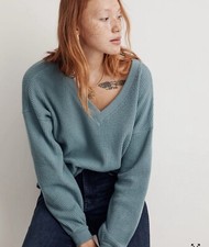 MADEWELL Waffle Knit Oversized V-Neck Sweater Steely Ocean Blue-M