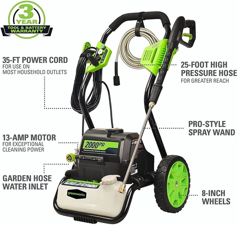 Greenworks 2000 PSI Electric Pressure Washer – Compact, Lightweight With 25ft Hose