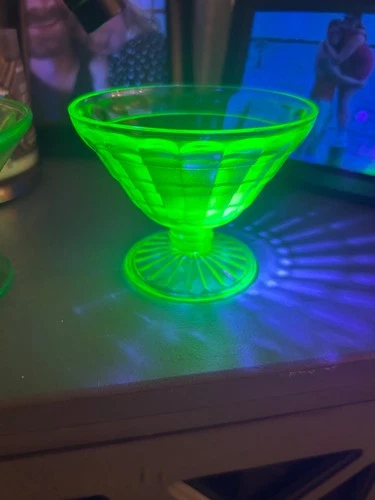 Vintage Uranium Glass Block Optic green sherbet or champagne coupe cup 1920s