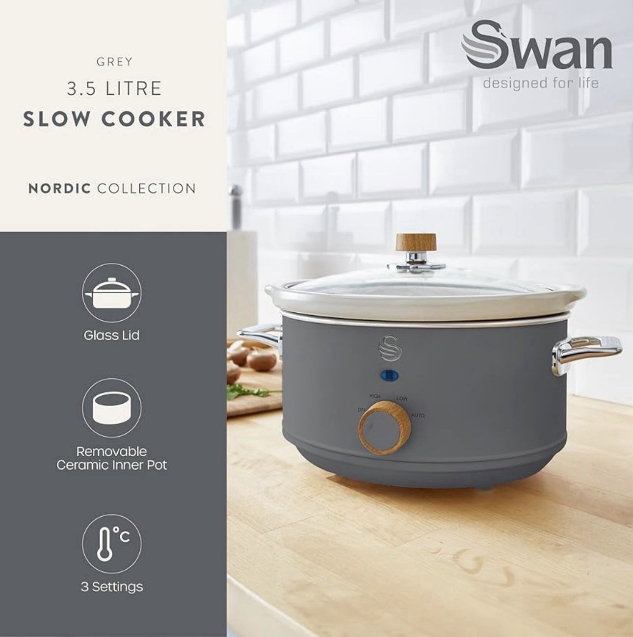 Swan Nordic Slow Cooker SF17021GRYN 3.5L Grey