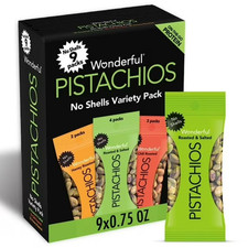 WONDERFUL PISTACHIOS, NO SHELLS VARIETY PACK NUTS, 0.75 OUNCE BAGS PACK OF 9